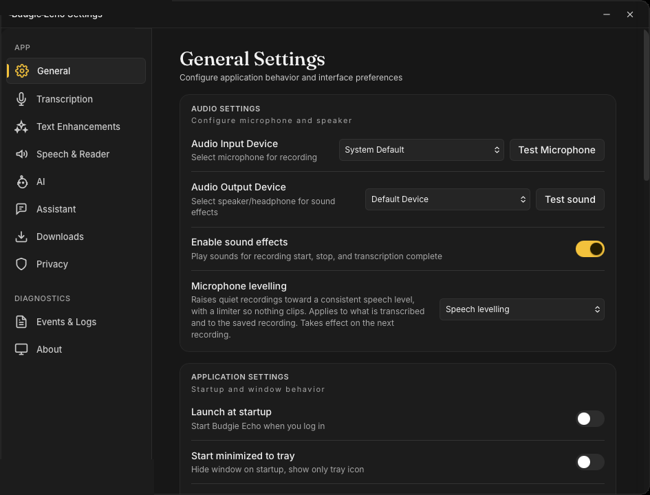 The General settings panel