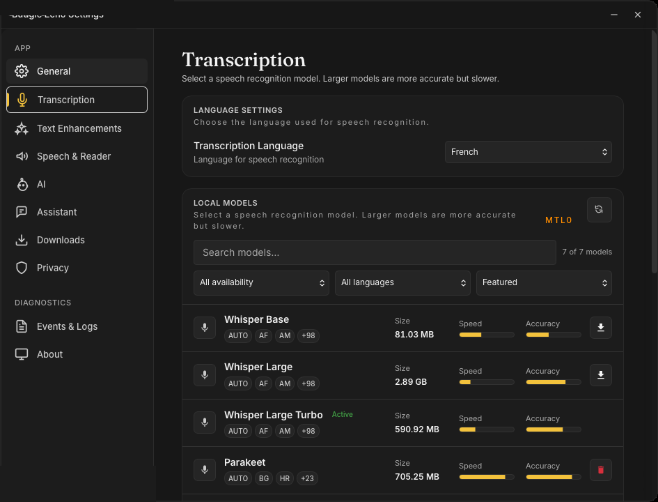 The Transcription settings panel with the local model catalogue