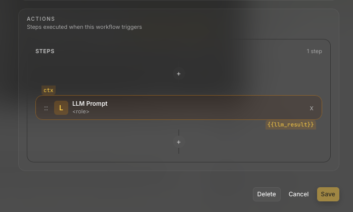 A workflow action chain on the canvas