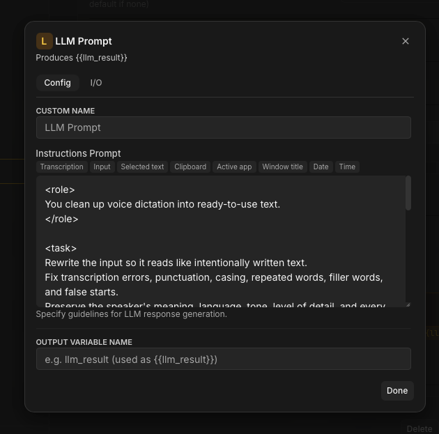 An action's Config tab