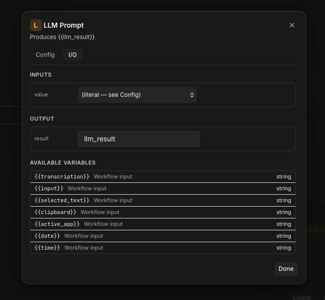 An action's I/O tab